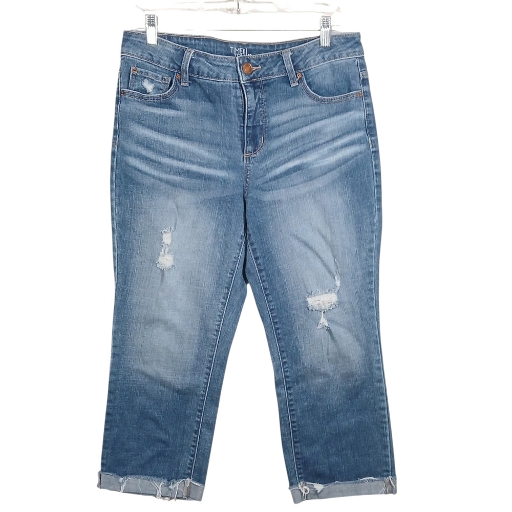 Time And Tru Distressed Cropped Cuffed Whiskered/Faded Denim Jeans